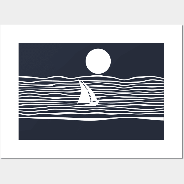 Sailing Boat Sea Night Full Moon White Blue Wall Art by oknoki